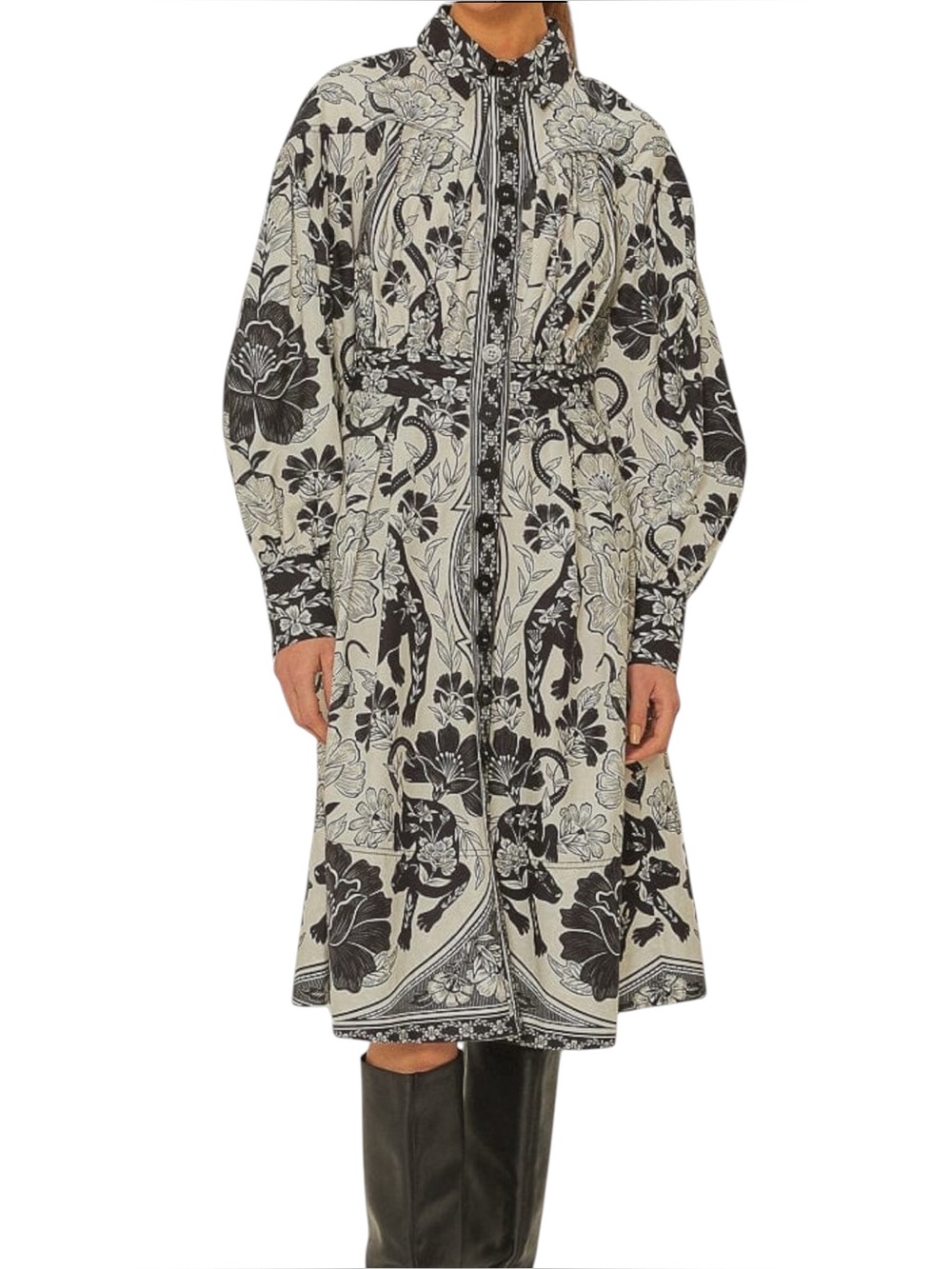 FARM Rio Flower Leopards Cotton Long Sleeve Collared Midi Dress, Size XS